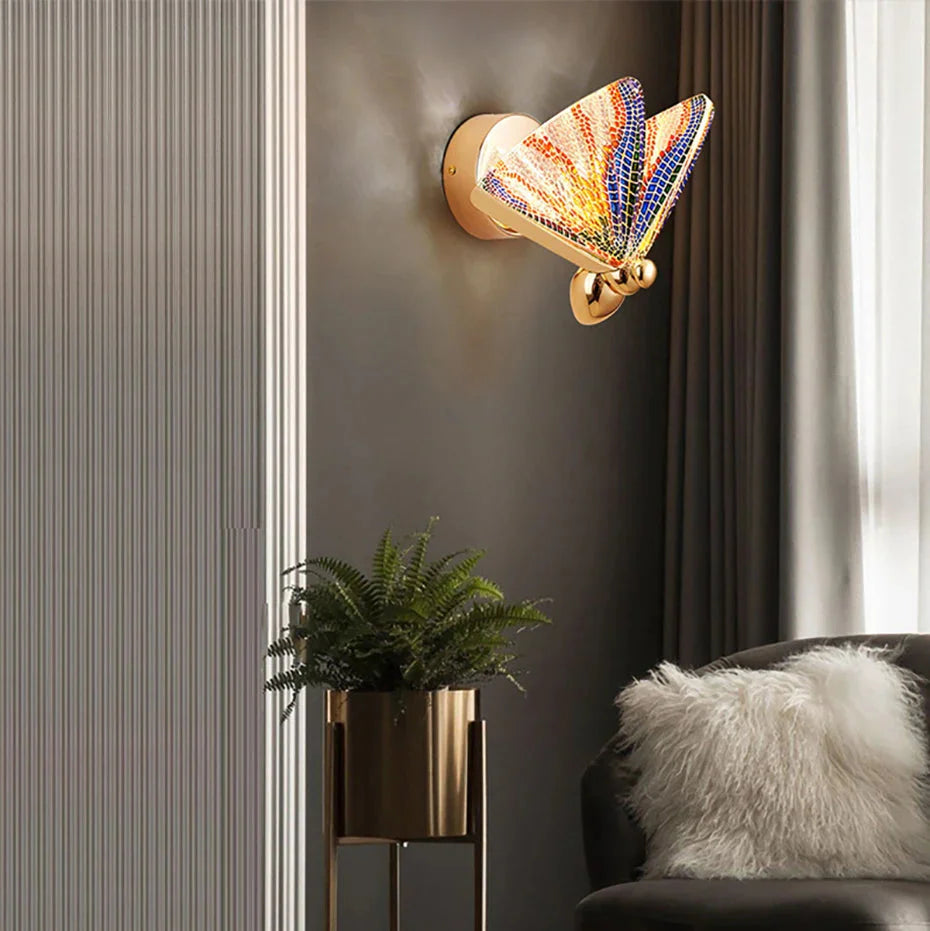 Butterfly wall light installed in children’s bedroom interior