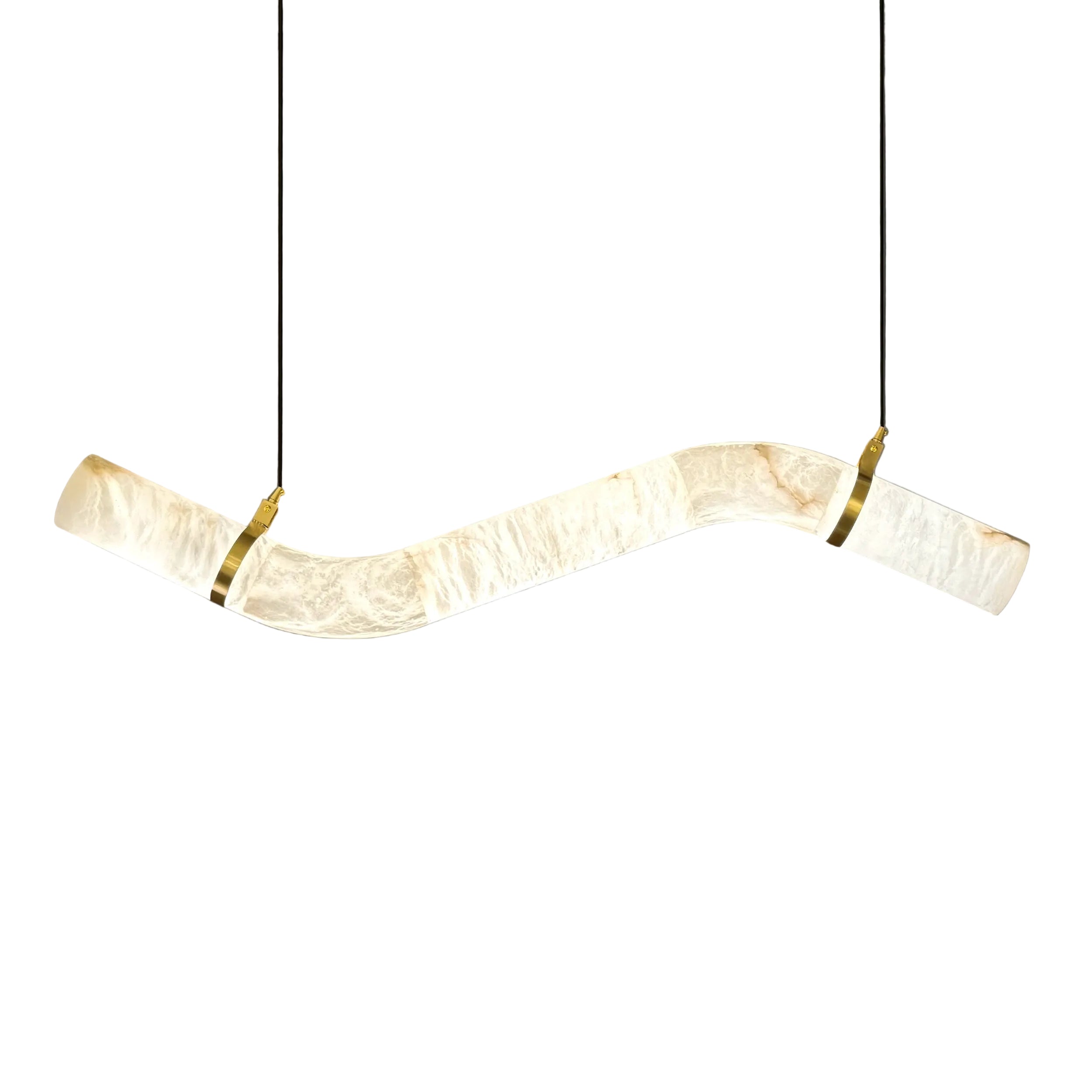 Sculptural marble chandelier with brass detailing suspended above table