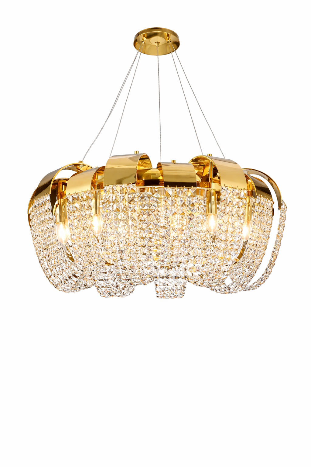 Capri circular chandelier with diamond cut square crystals and gold finish