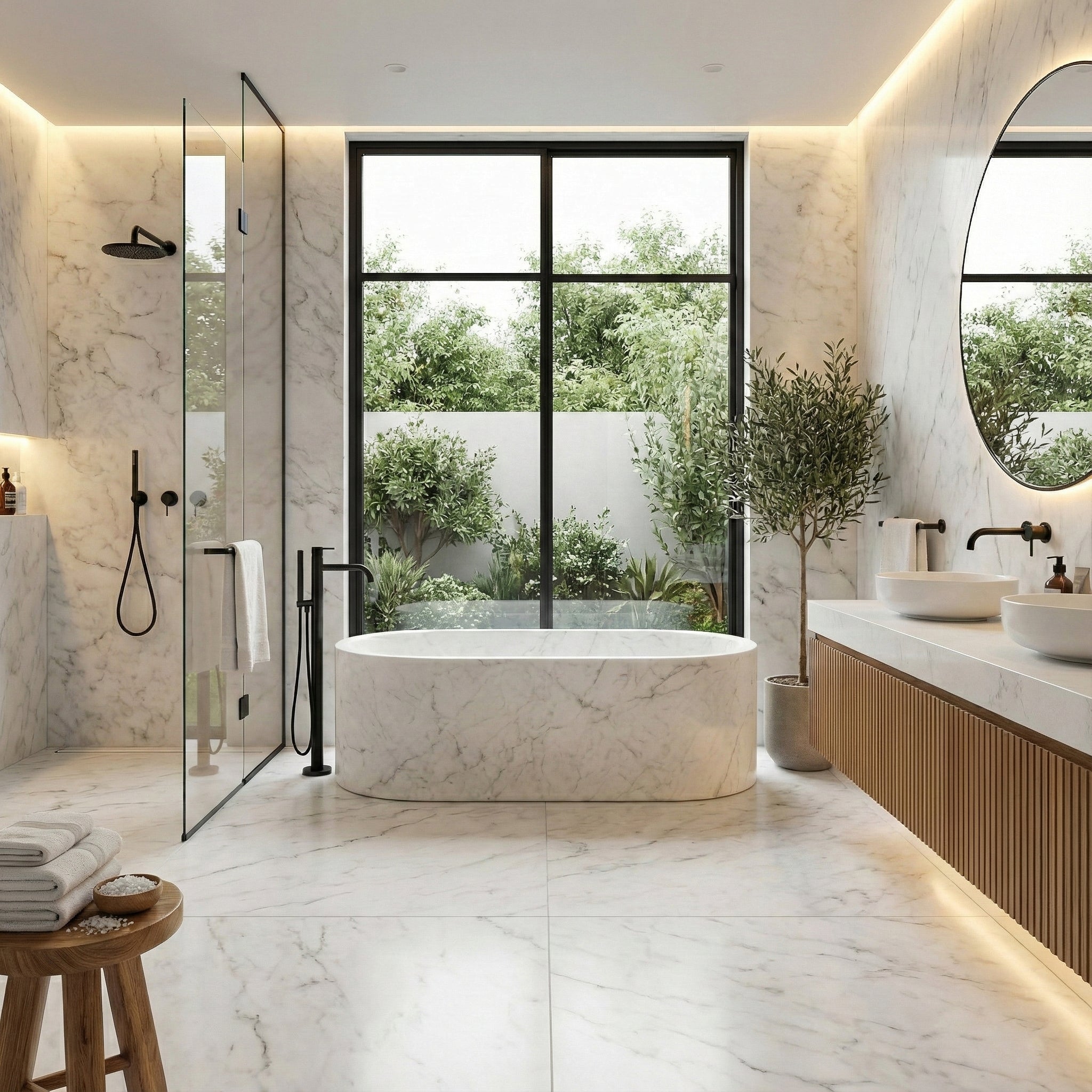 White Carrara Marble Freestanding Bathtub - Elliptical by VORELLI, a refined luxury lighting for luxury residential and project interiors.
