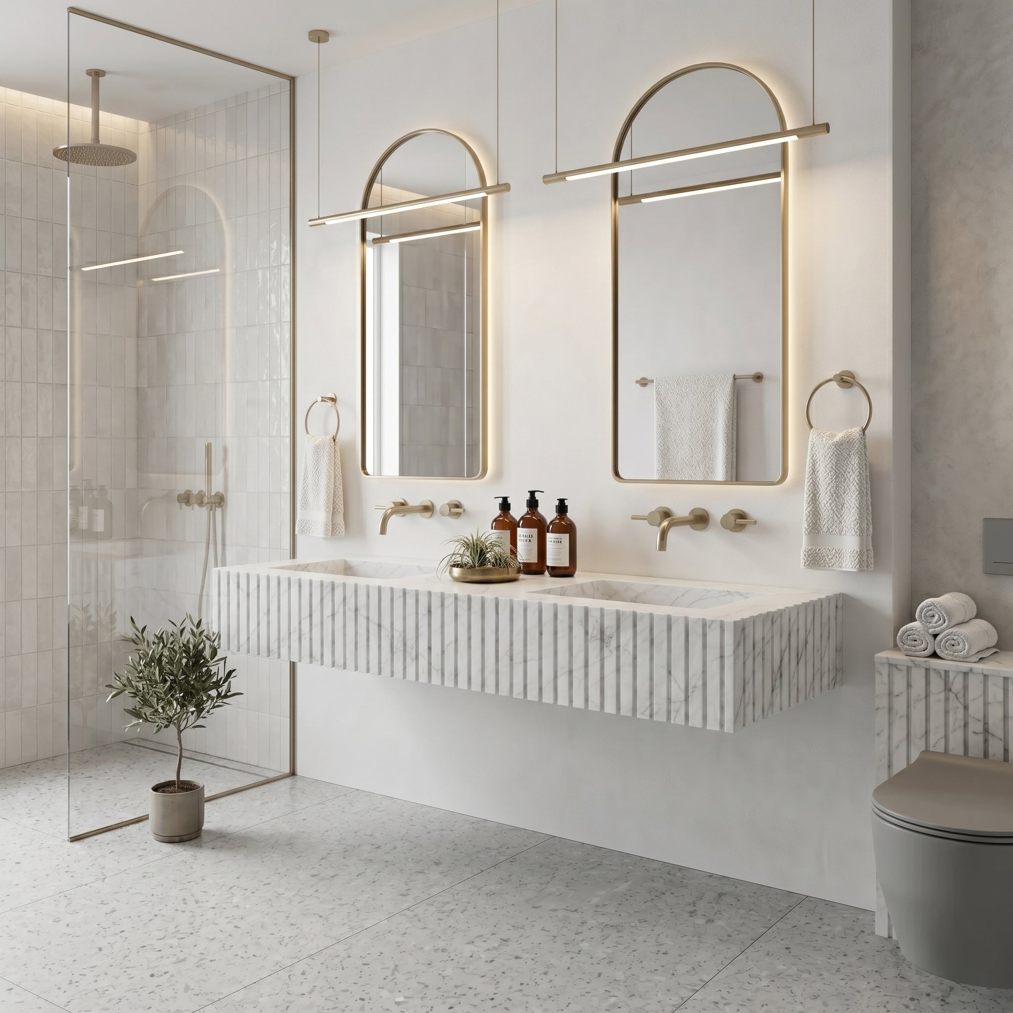 White Carrara Marble Double Sink - Fluted by VORELLI, a refined luxury lighting for luxury residential and project interiors.