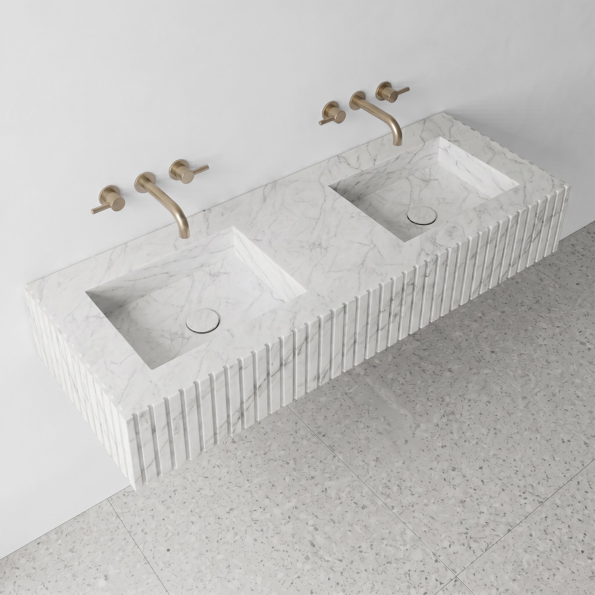 White Carrara Marble Double Sink - Fluted by VORELLI, a refined luxury lighting for luxury residential and project interiors.