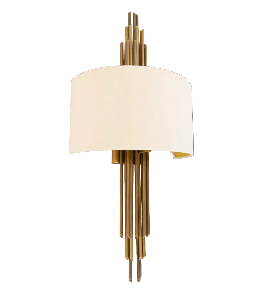 Castello wall light with vertical gold metal tubing and fabric shade