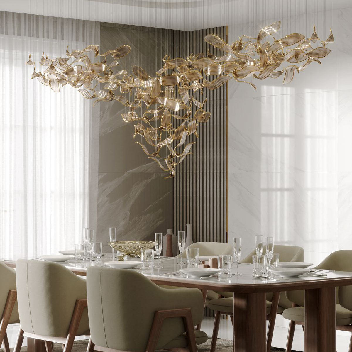 Close-up detail of the Willow Drift contemporary chandelier by VORELLI, highlighting the delicate handcrafted glass elements that mimic fluid drifting leaves.