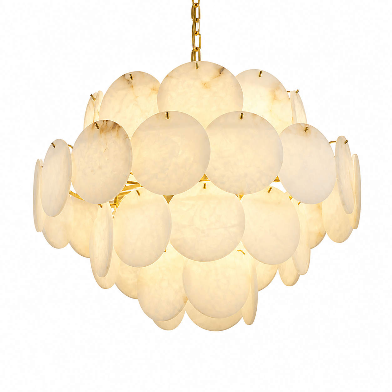 Close-up view of the Alfonso Marble Circular Chandelier II, showcasing the fine craftsmanship and soft light filtering through translucent marble layers.