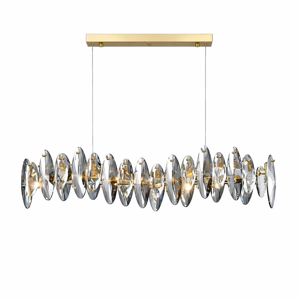 Close-up view of the Oakhill rectangular chandelier's clear and smoky crystal ovals capturing light to create a sophisticated, dramatic mood.
