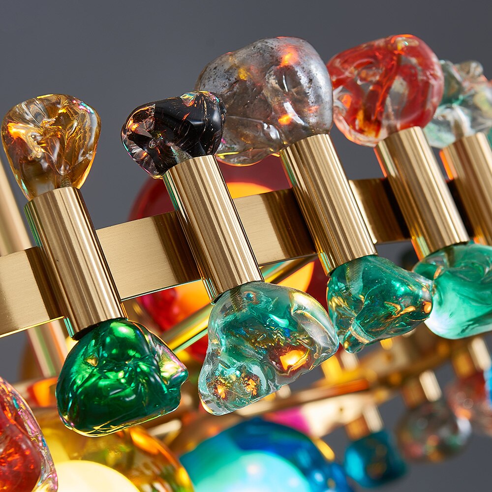 Close up of coloured crystal detailing on Alytus pendant light UAE