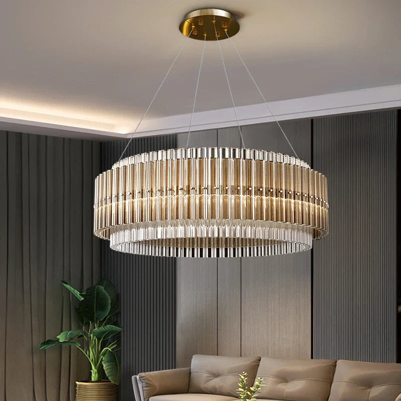 condotti circular chandelier with x profile prism crystals suspended in modern living room