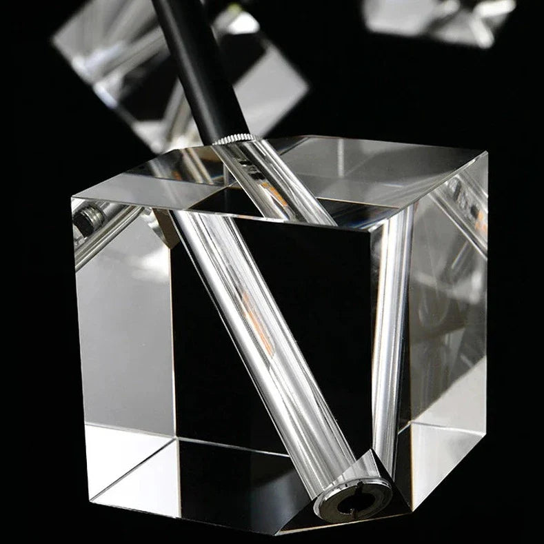 close up of angular crystal shade on crenshaw pendant revealing faceted detailing