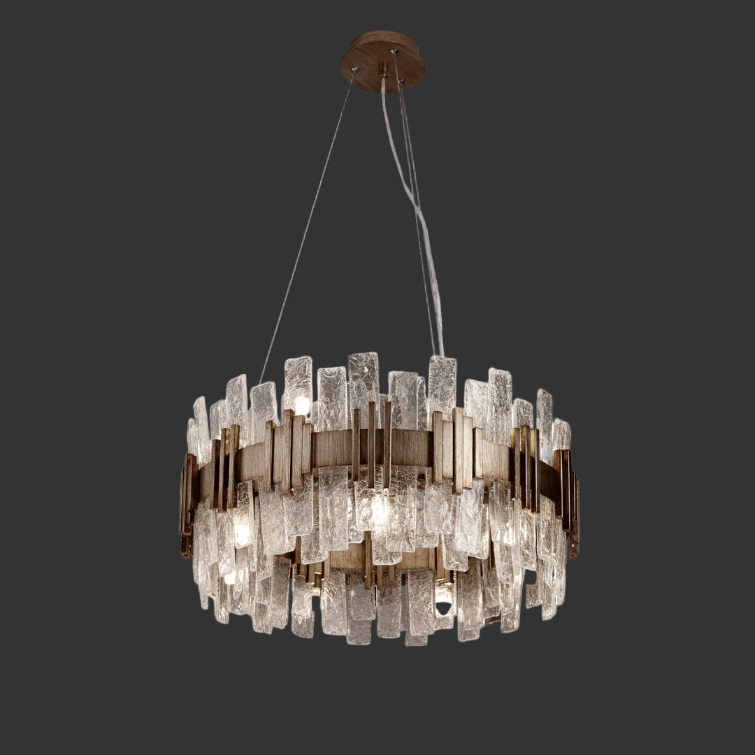 Crystal circular chandelier illuminated in modern Dubai interior