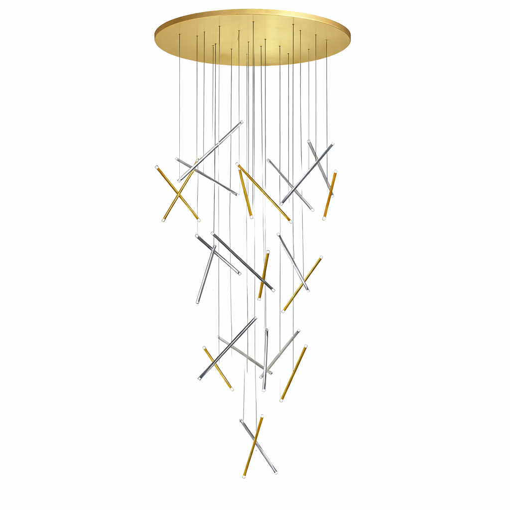 Detailed view of the sleek Rizzano chandelier pendants by VORELLI, highlighting the polished finish and sophisticated textures of the modern luxury lighting fixture.