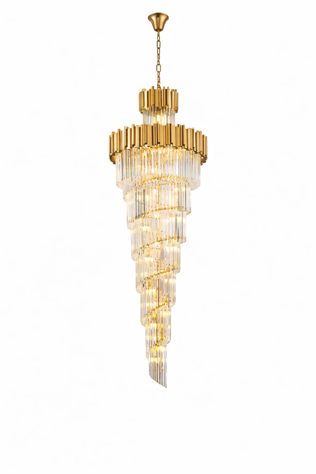 Detailed view of the VORELLI Boeotia II chandelier's unique two-tier spiral structure, casting ambient luxury light through staggered crystal prisms.
