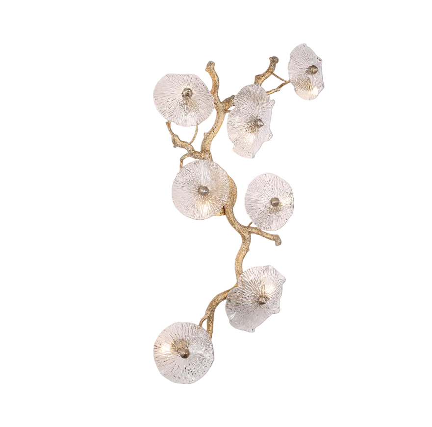 Front-facing view of the Penny Leaf Wall Light capturing the intricate arrangement of frosted glass leaves on an organic branch frame.