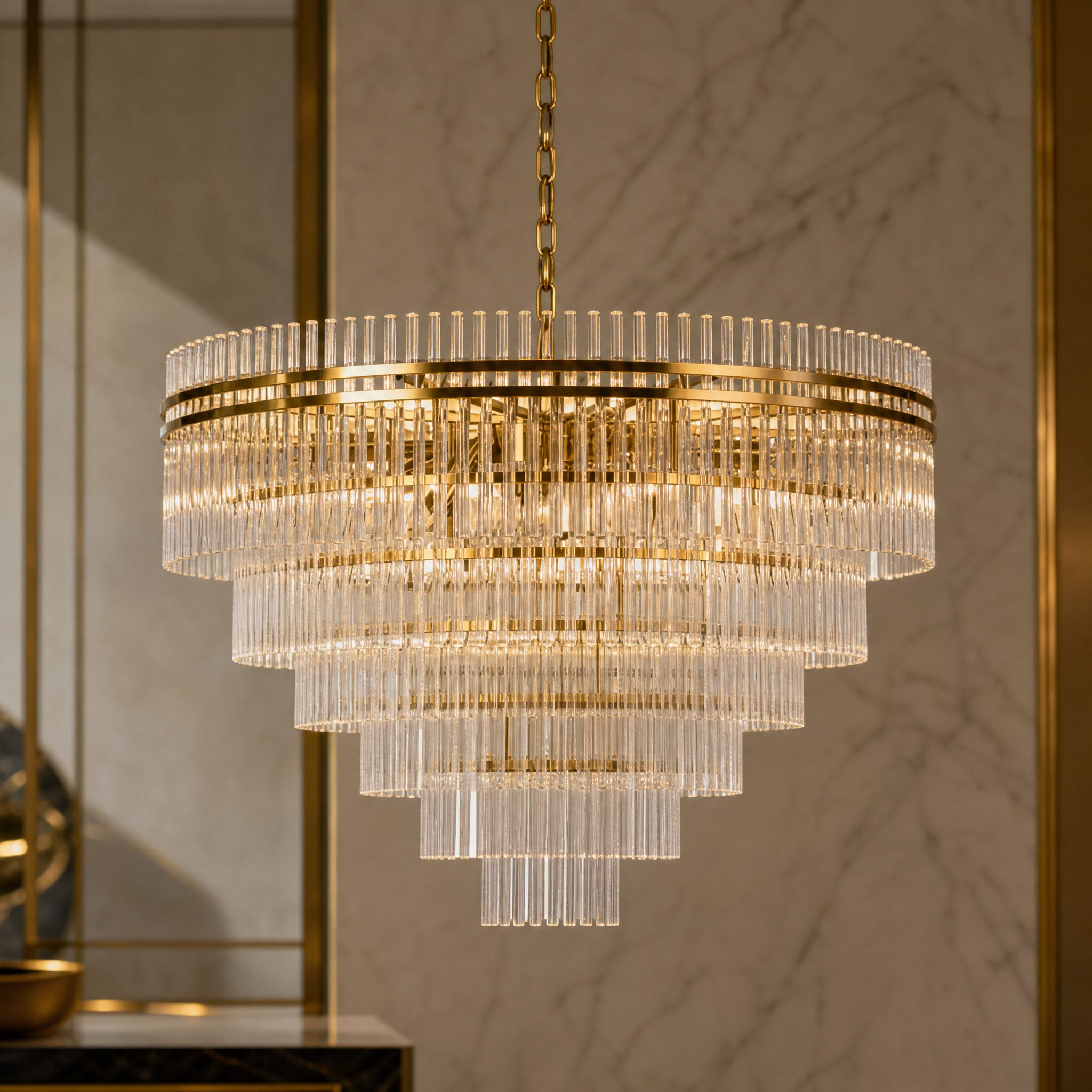 Front profile view of the Valdoro 6-tier circular chandelier showcasing its grand scale and Art Deco elegance.