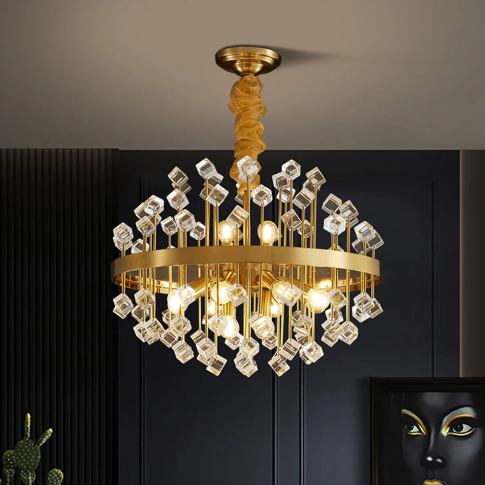 Alytus gold circular chandelier installed in modern Dubai interior
