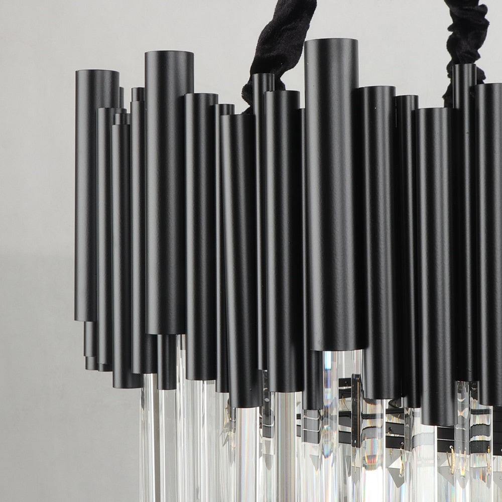 Close up of Gotham circular chandelier black tubing and crystal detail