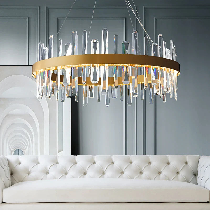 Grantchester Circular Chandelier with diamond cut faceted crystals in a luxury interior