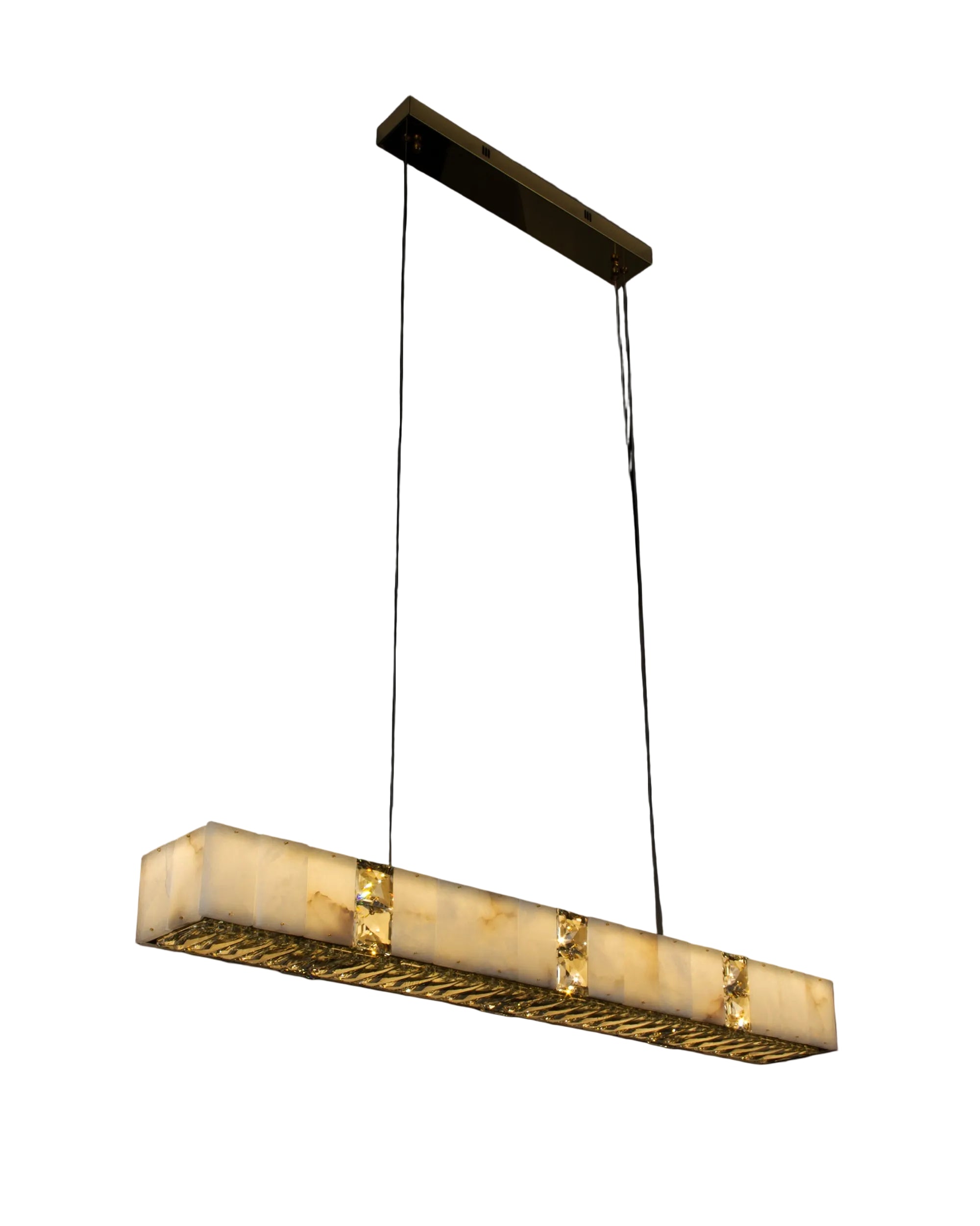 Helios Marble Rectangular Chandelier II combining natural marble panels with faceted diamond cut crystal in a refined linear form