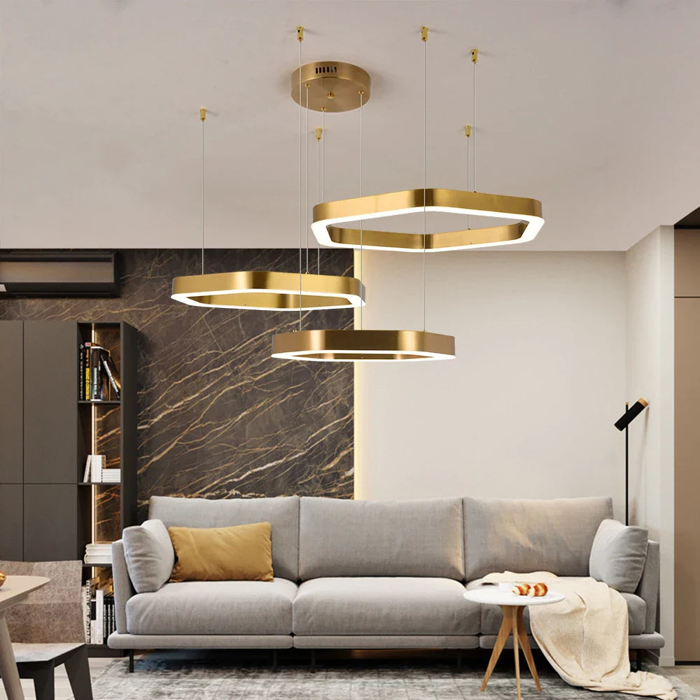 Hex Trio Circular Chandelier featuring triple tier geometric hexagonal design creating warm ambient luxury lighting