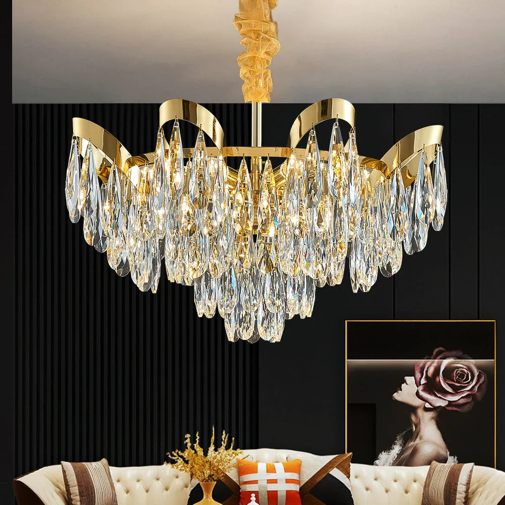Isso Circular Chandelier with diamond cut teardrop crystals installed in a refined luxury living room interior