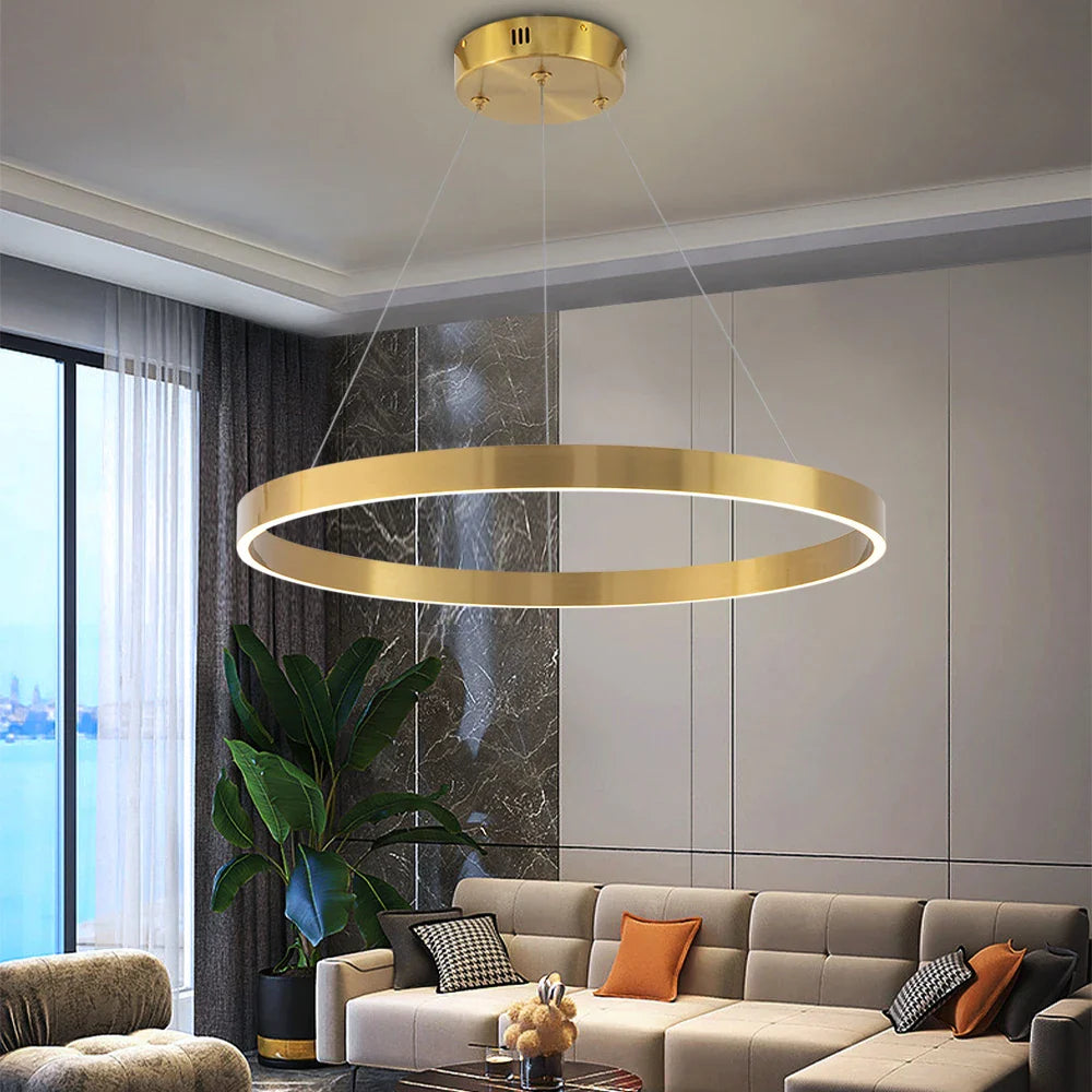 Jobson Ring Circular Chandelier illuminating a contemporary lounge with soft ambient glow