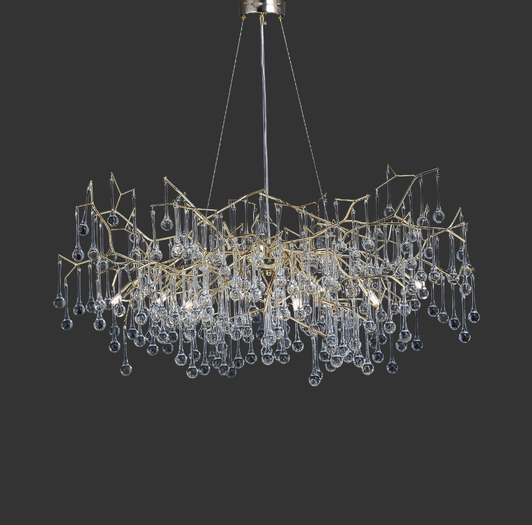 Circular chandelier with gold branching frame and cascading crystal drops
