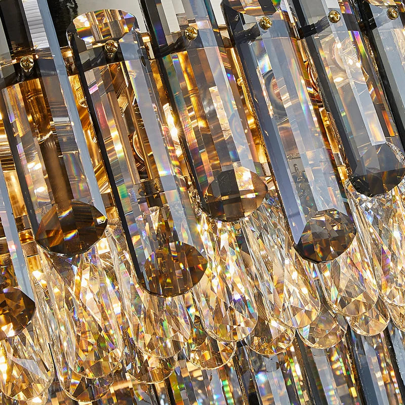Close up of Lugano ceiling light showing smoky grey and clear diamond cut crystal prisms