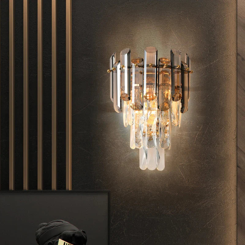 Lugano Wall Light installed on a contemporary wall with layered crystal design