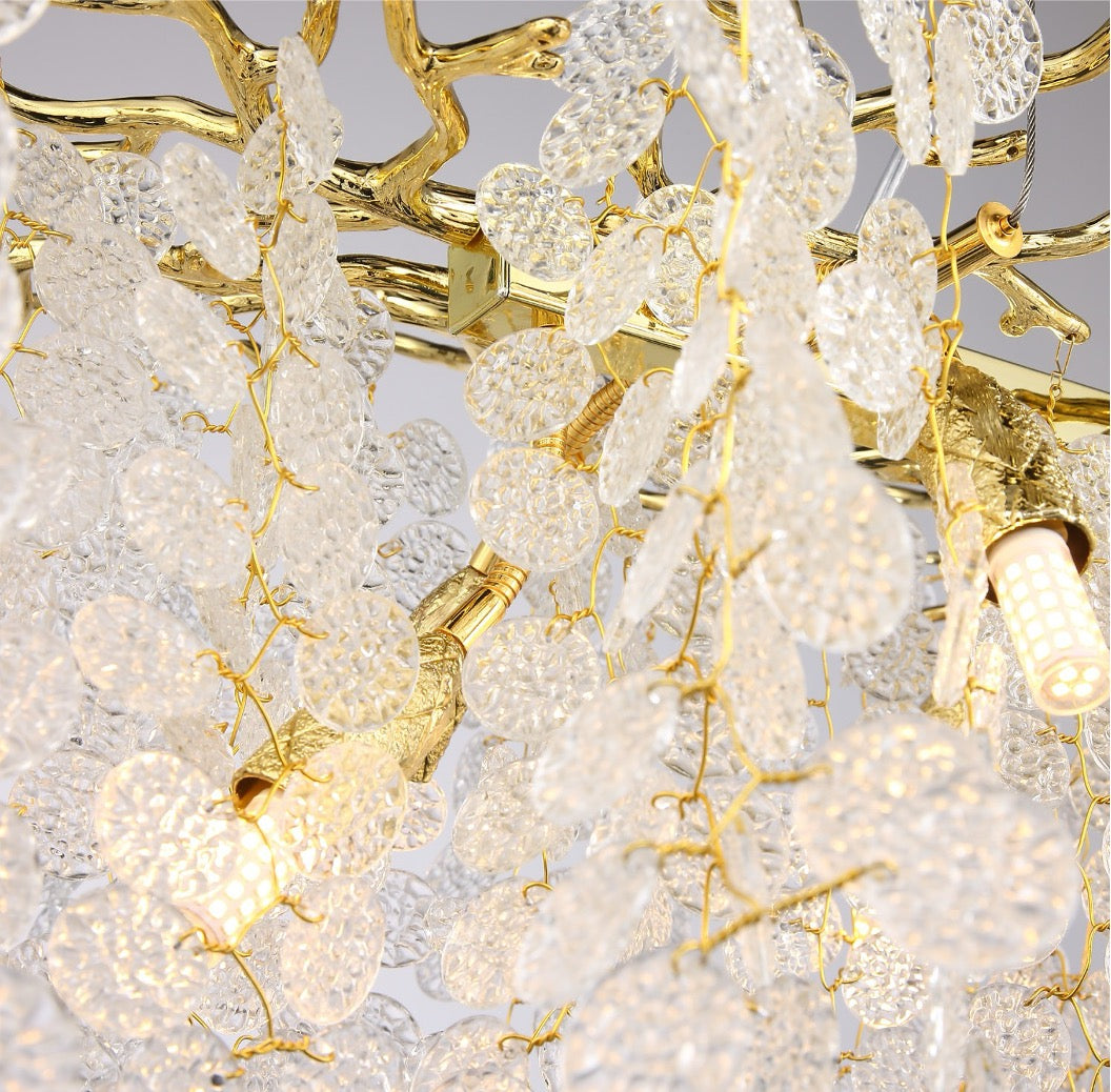 Close-up of textured glass discs on luxury rectangular chandelier