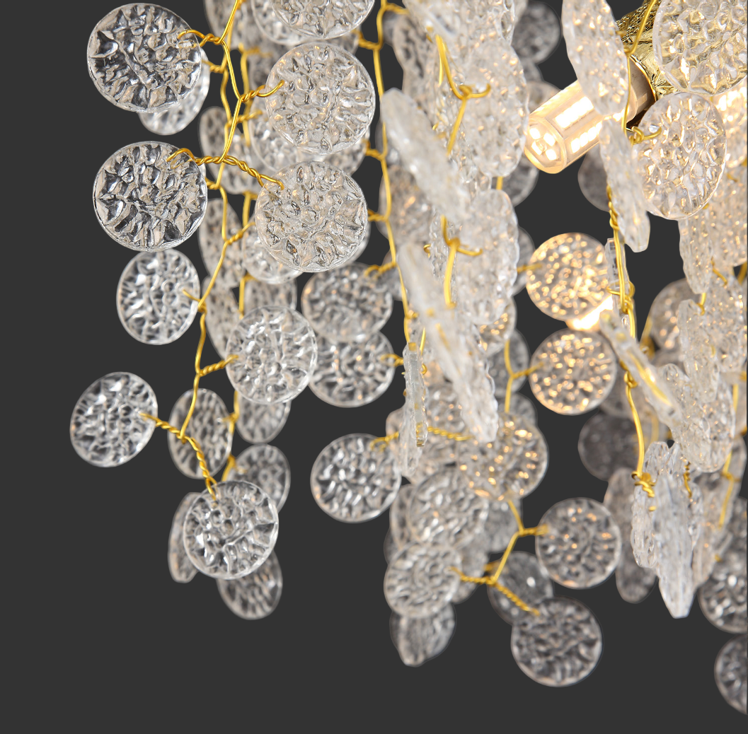 Close-up of textured glass discs on the Lunaria Circular Chandelier II