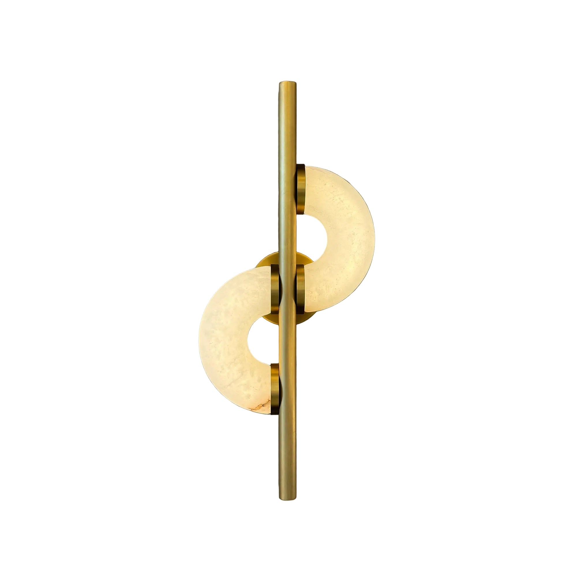 Lunaro marble wall light with twin crescent marble forms and vertical brushed brass frame