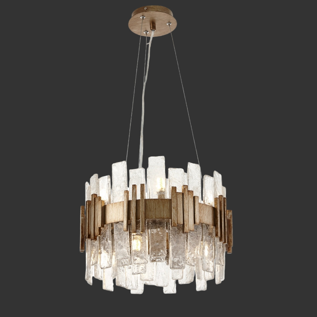 Luxury gold and crystal circular chandelier suspended in UAE villa