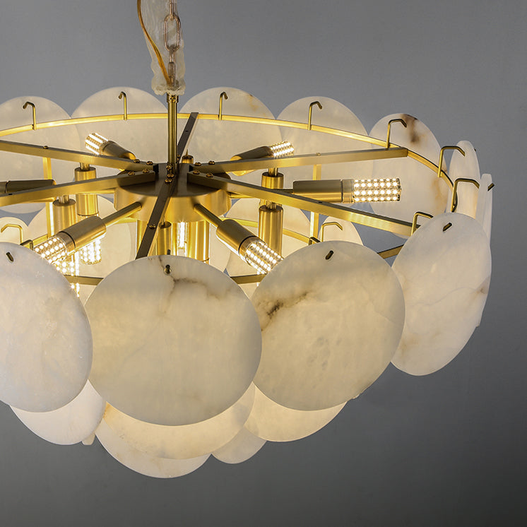 Alfonso marble disc chandelier illuminated in modern Dubai interior