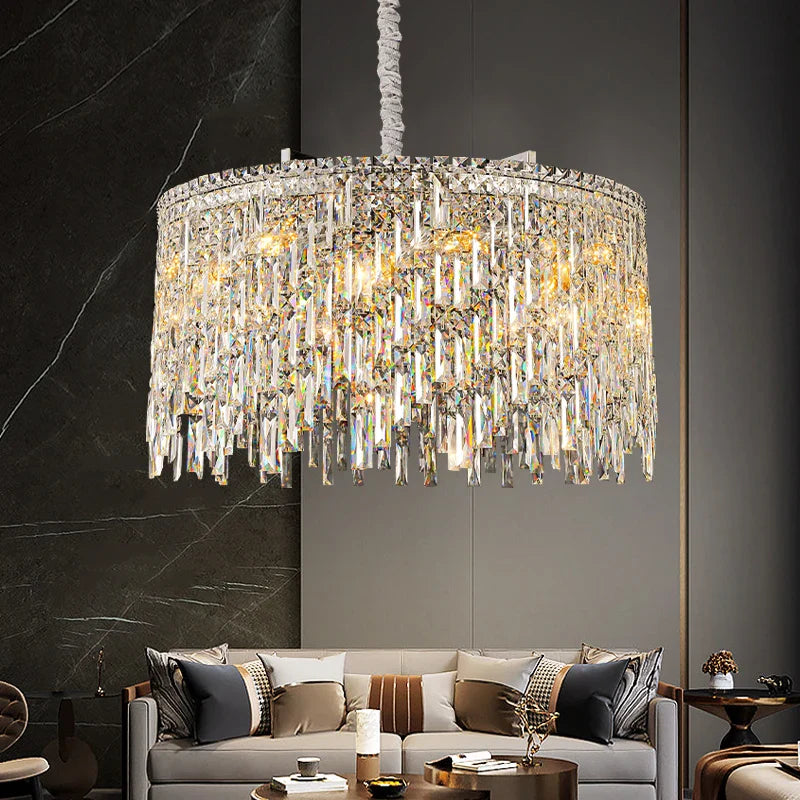 Luxury round crystal chandelier illuminating modern living room in Dubai villa