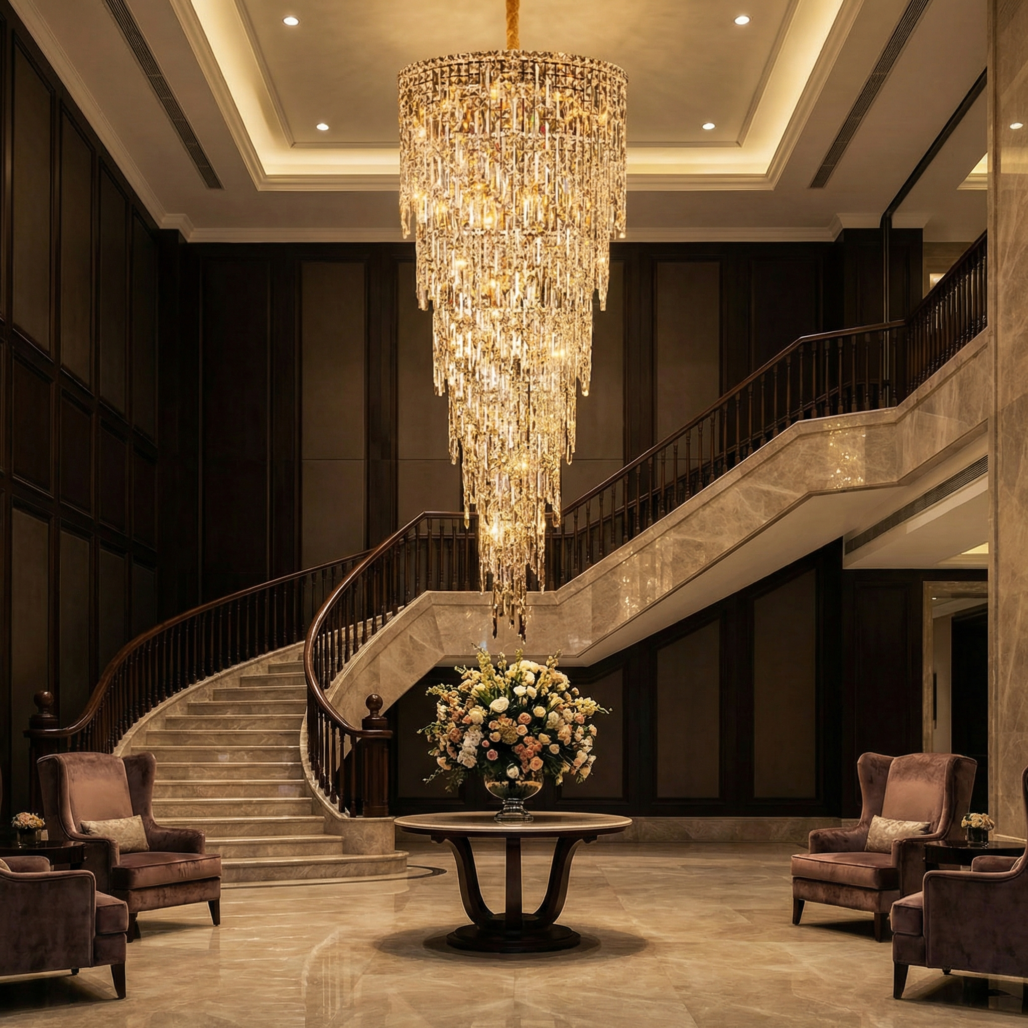 Luxury spiral crystal chandelier installed above grand staircase in Dubai villa