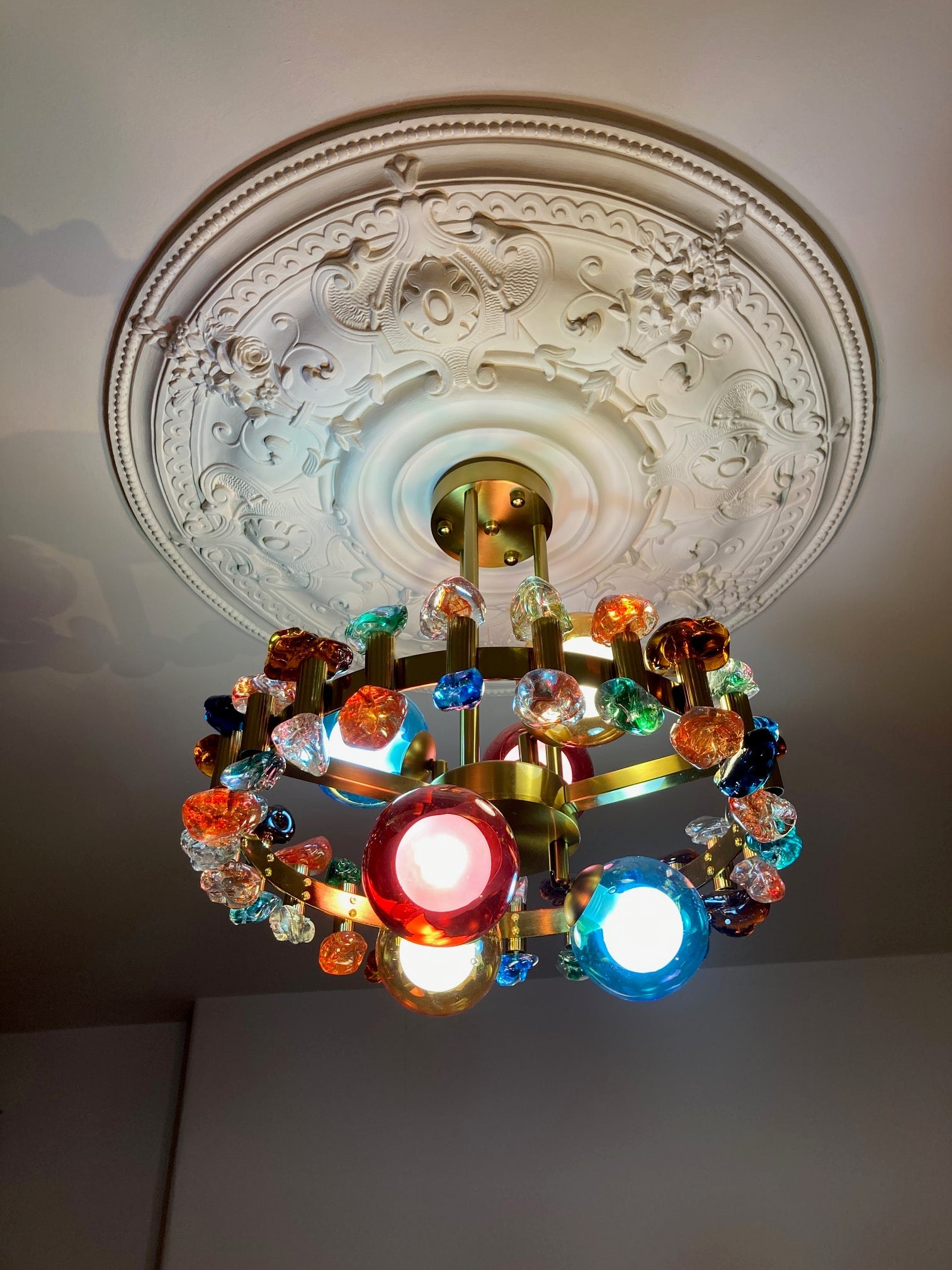 Alytus multi colour crystal pendant light installed in Dubai