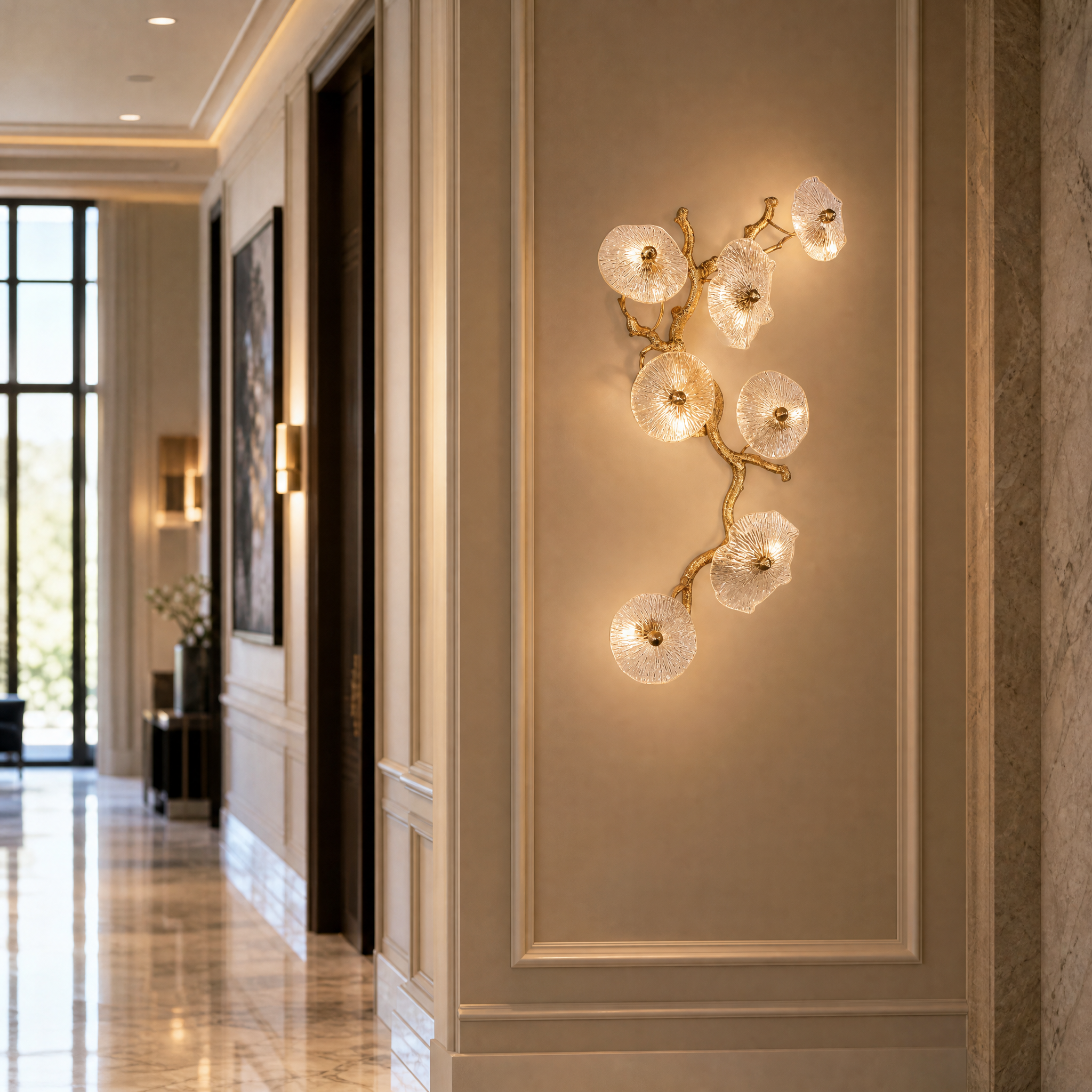 The Penny Leaf Wall Light illuminating a high-end hotel lobby, showcasing the elegant branch-inspired silhouette.