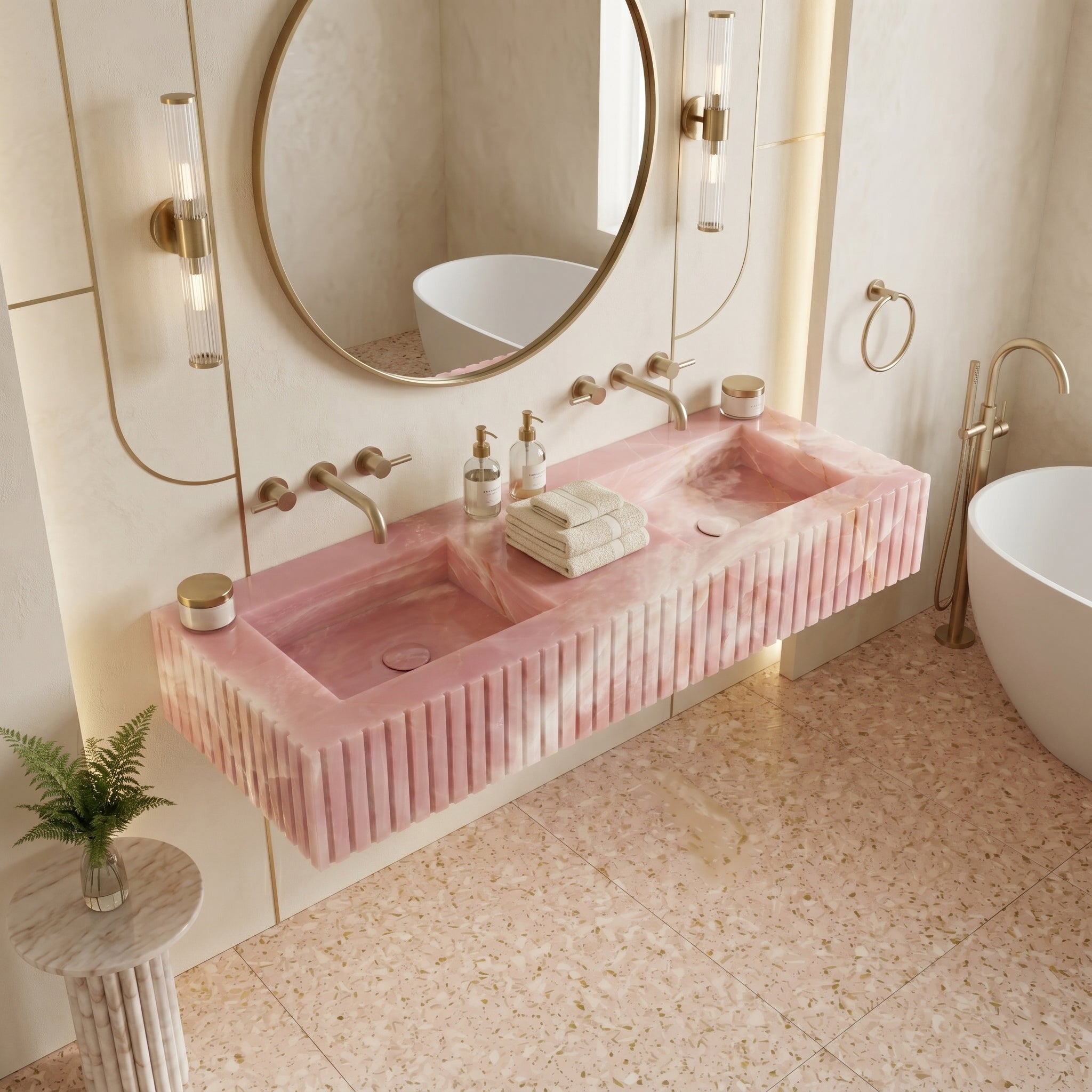 Pink Onyx Double Sink - Fluted by VORELLI