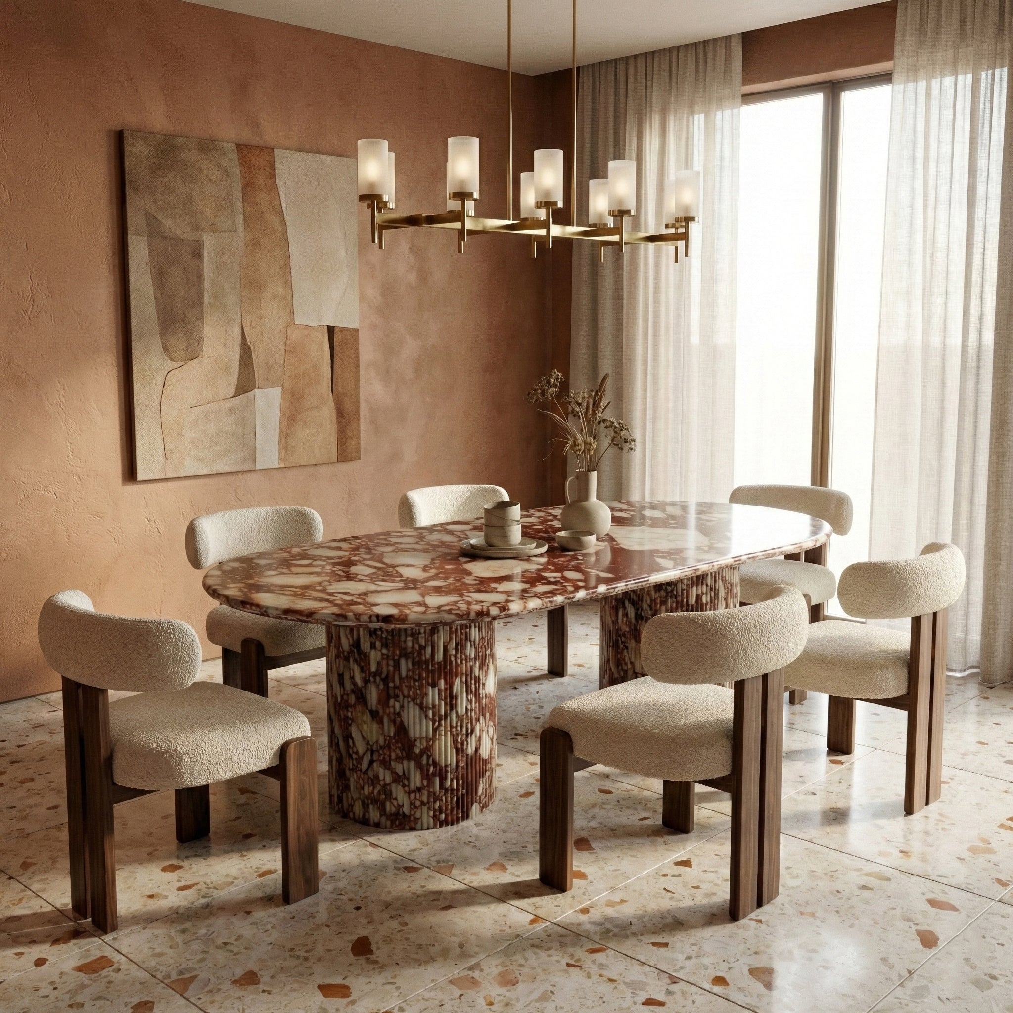 Red Bulgari Marble Oval Dining Table - Fluted by VORELLI