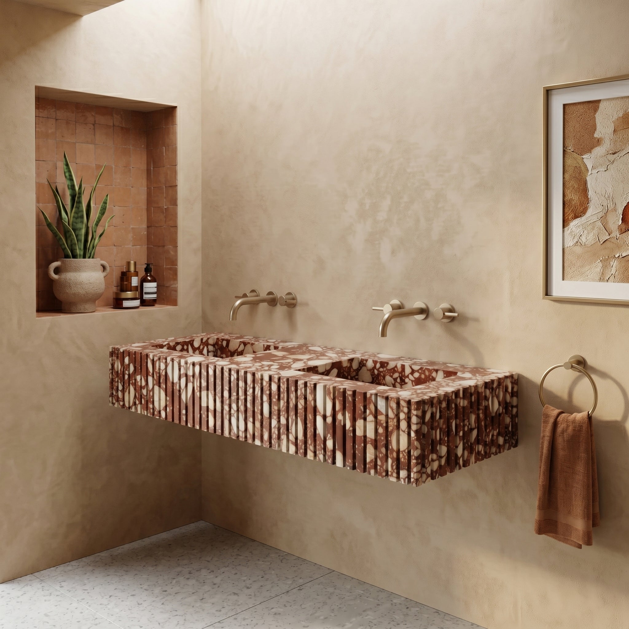 Red Bulgari Marble Double Sink - Fluted by VORELLI