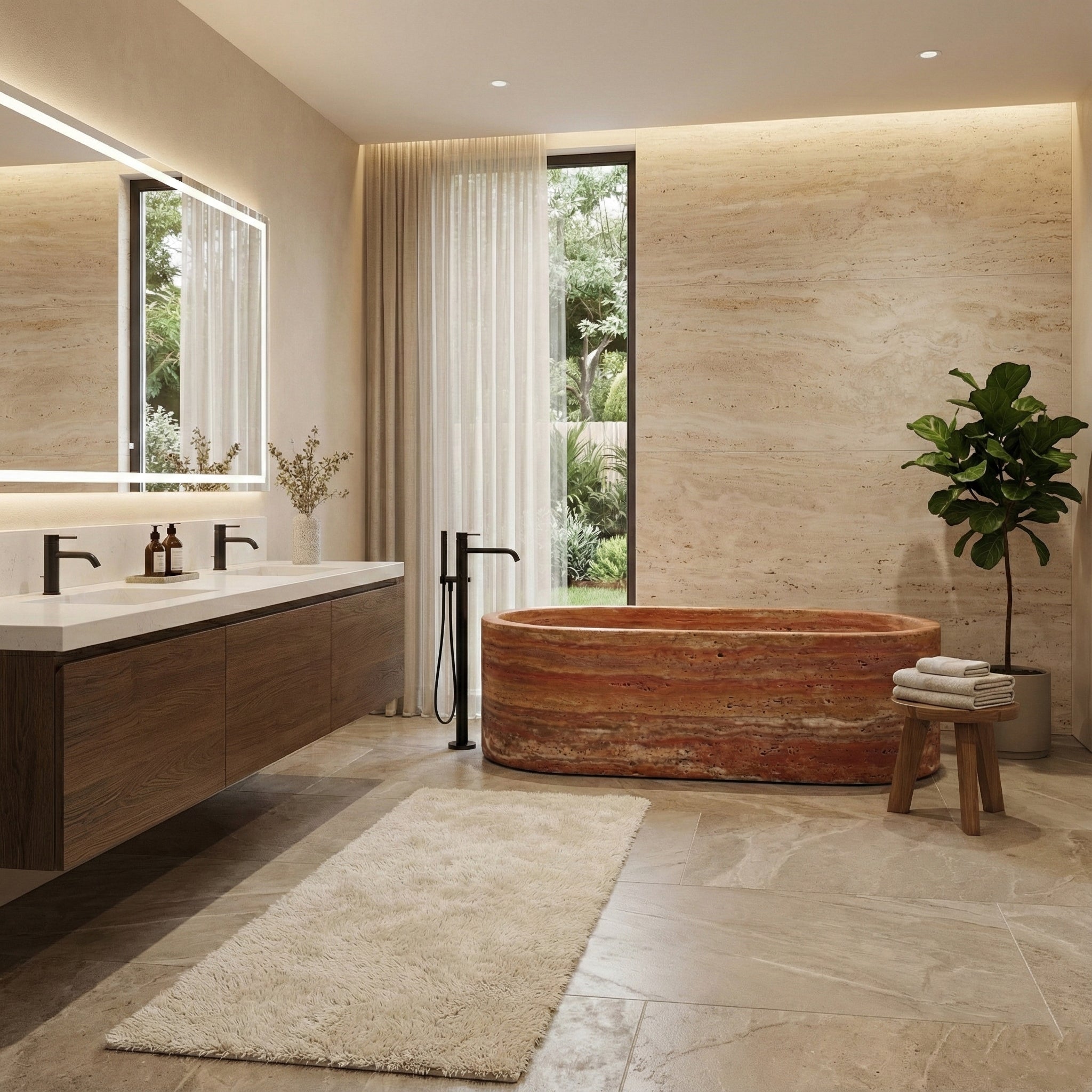 Red Travertine Freestanding Bathtub - Elliptical by VORELLI