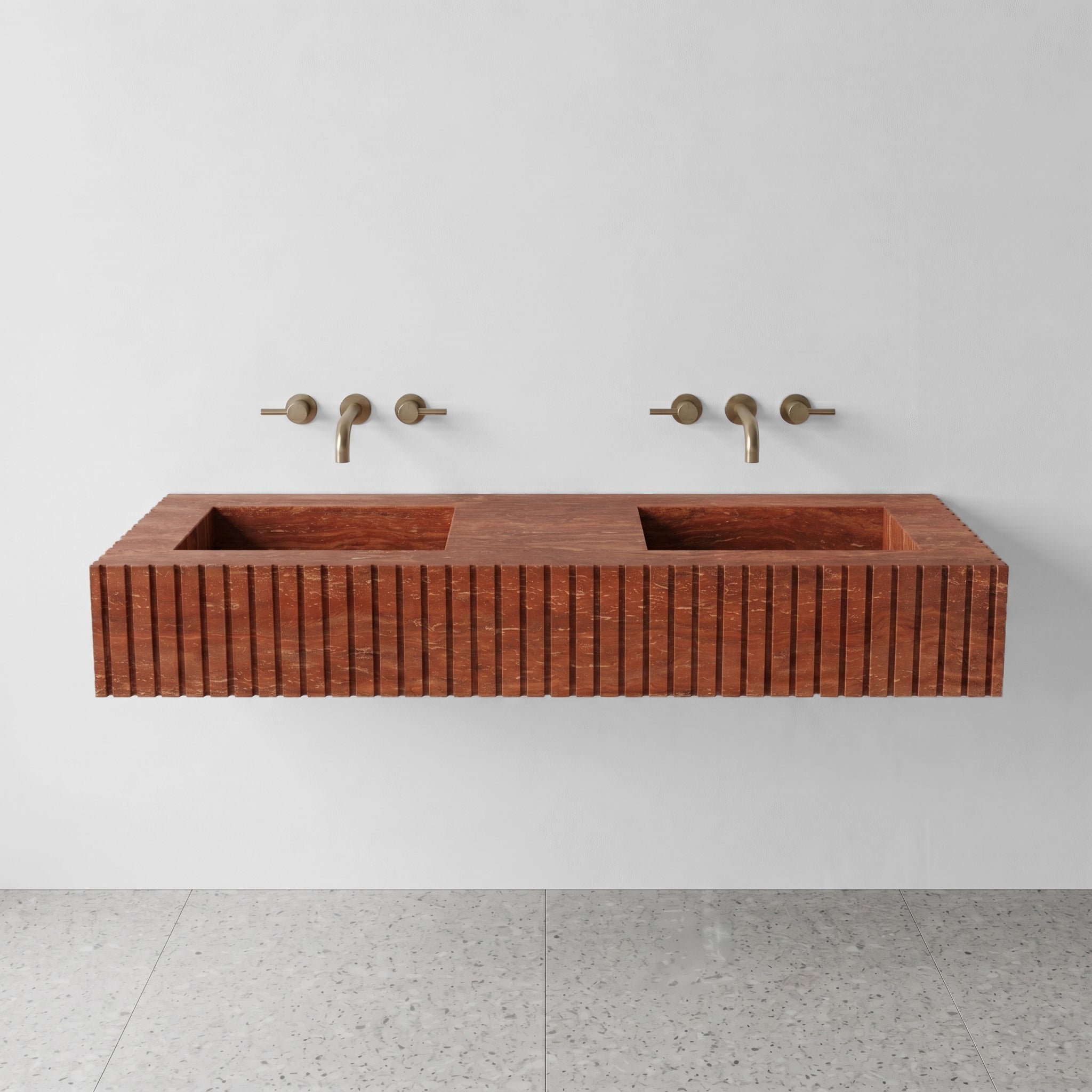 Red Travertine Double Sink - Fluted by VORELLI