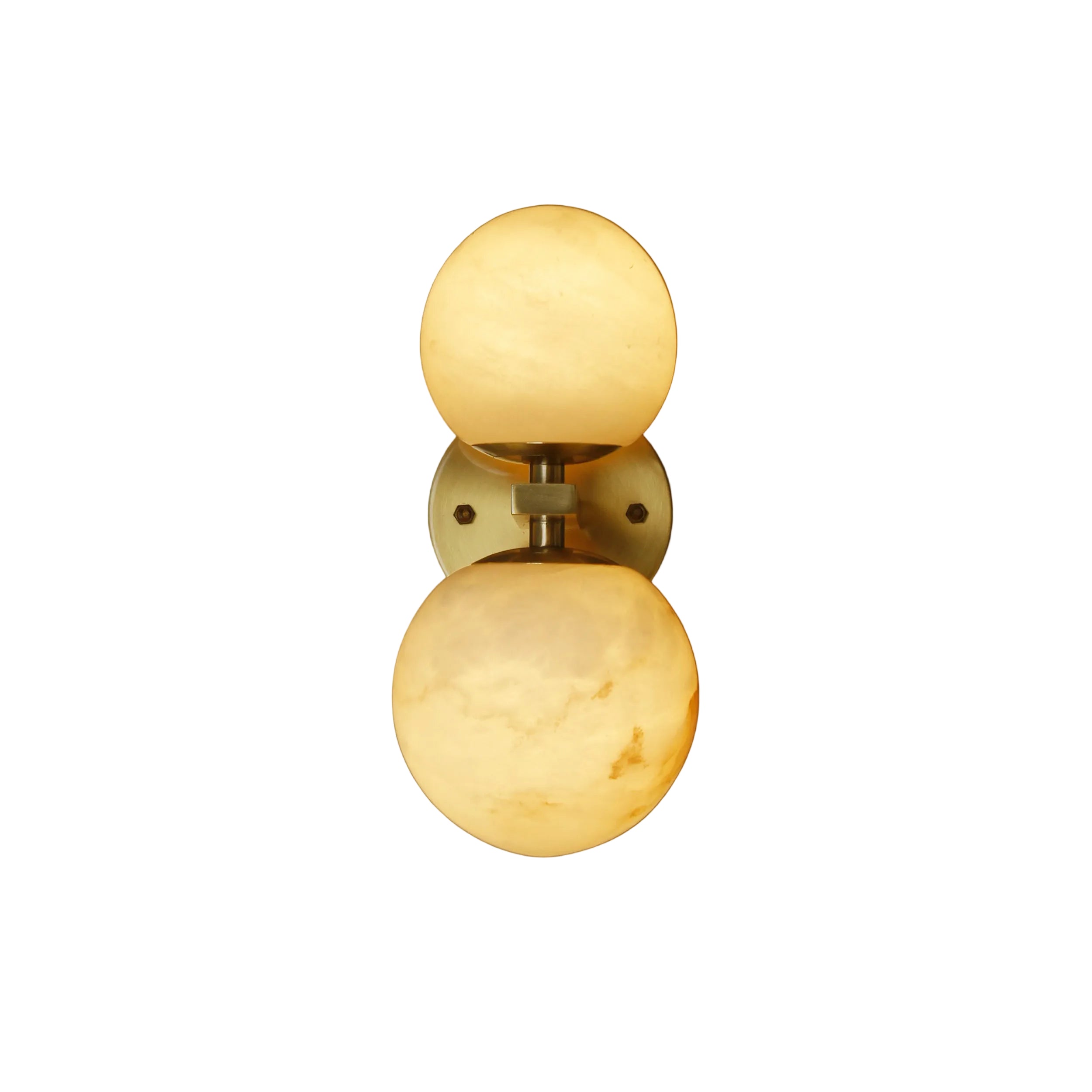 Ricco marble wall light featuring two luminous alabaster globe lights mounted on structured wall plate on white background