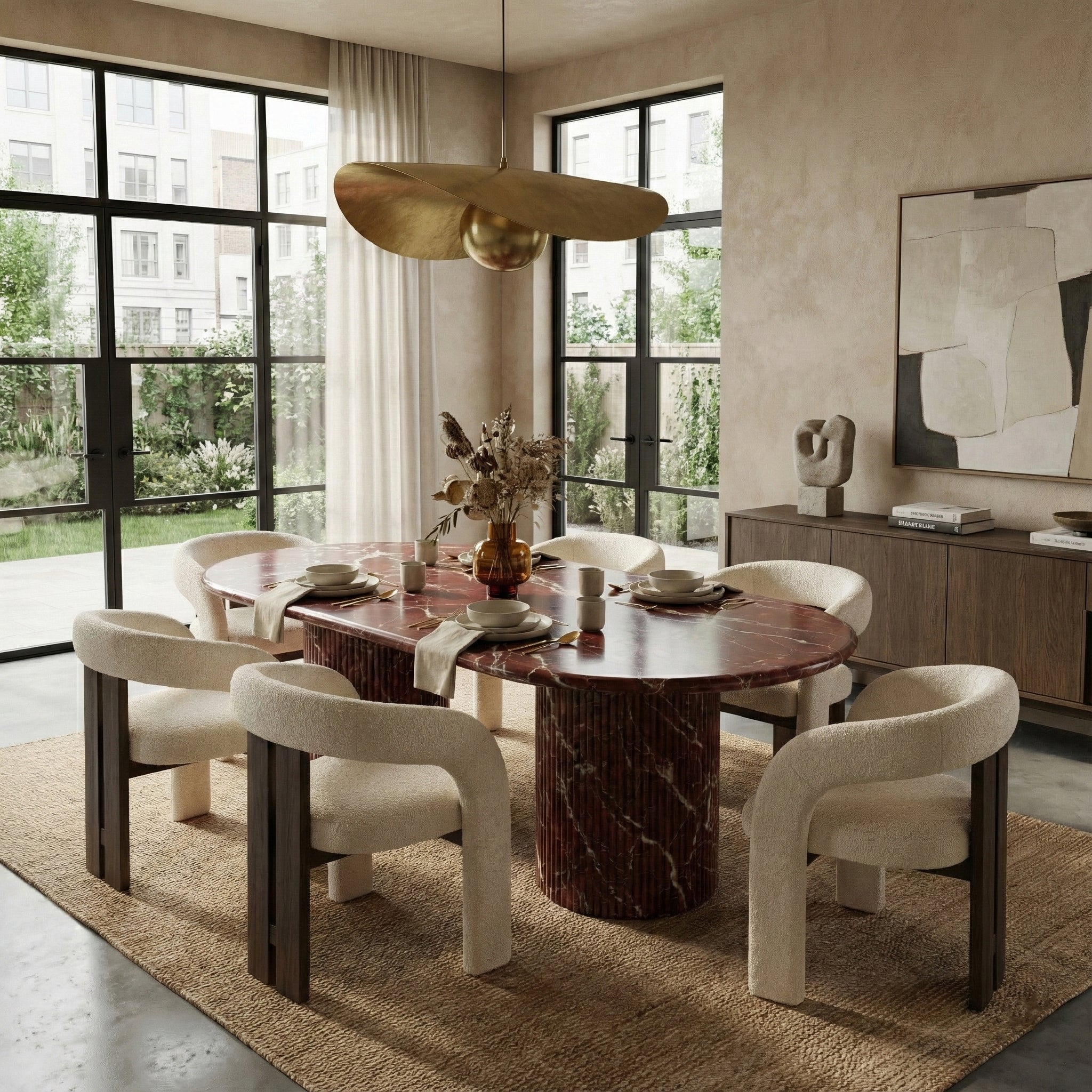 Rosso Levanto Marble Oval Dining Table - Fluted by VORELLI