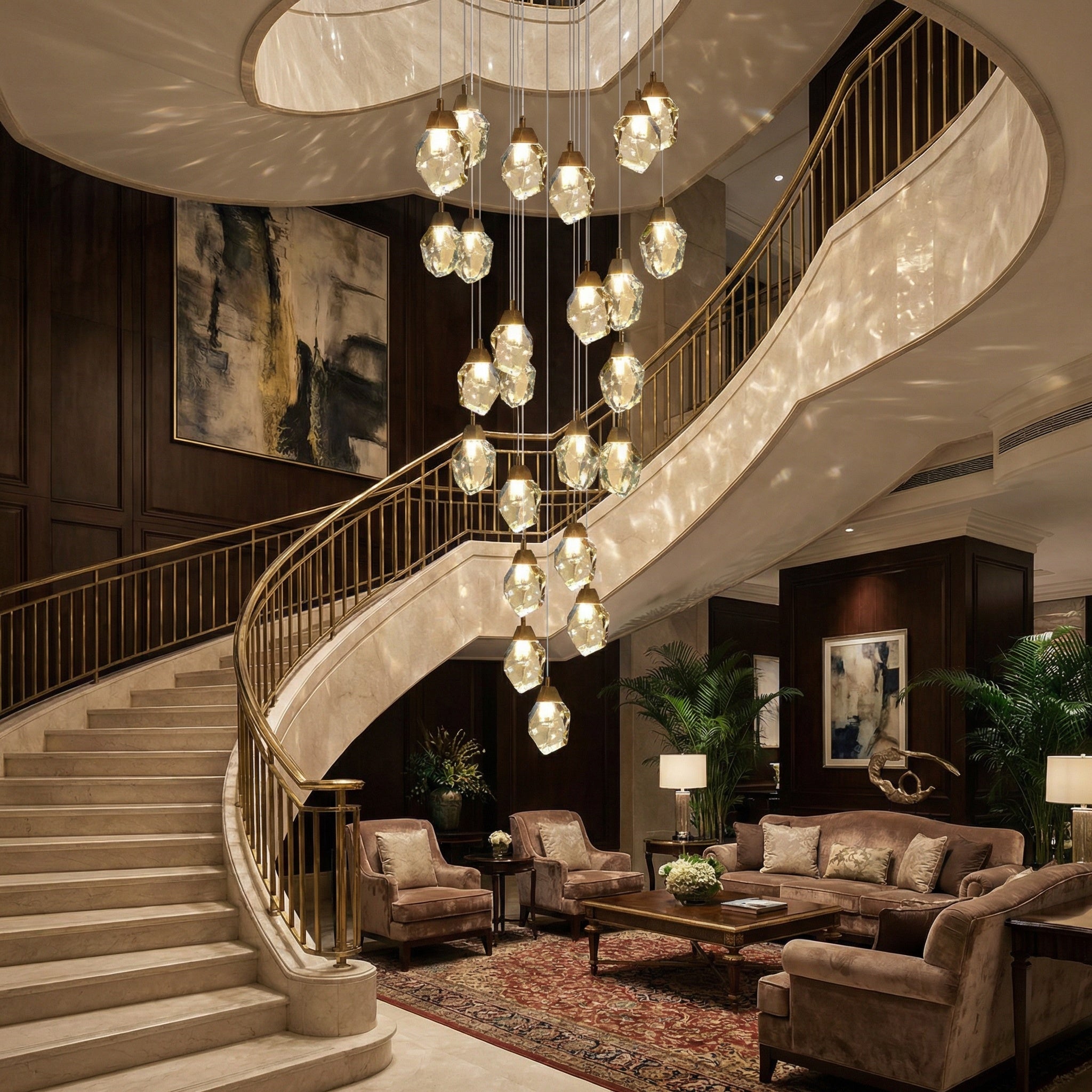 Runtz pendant staircase chandelier with cascading crystal drops in a stairwell