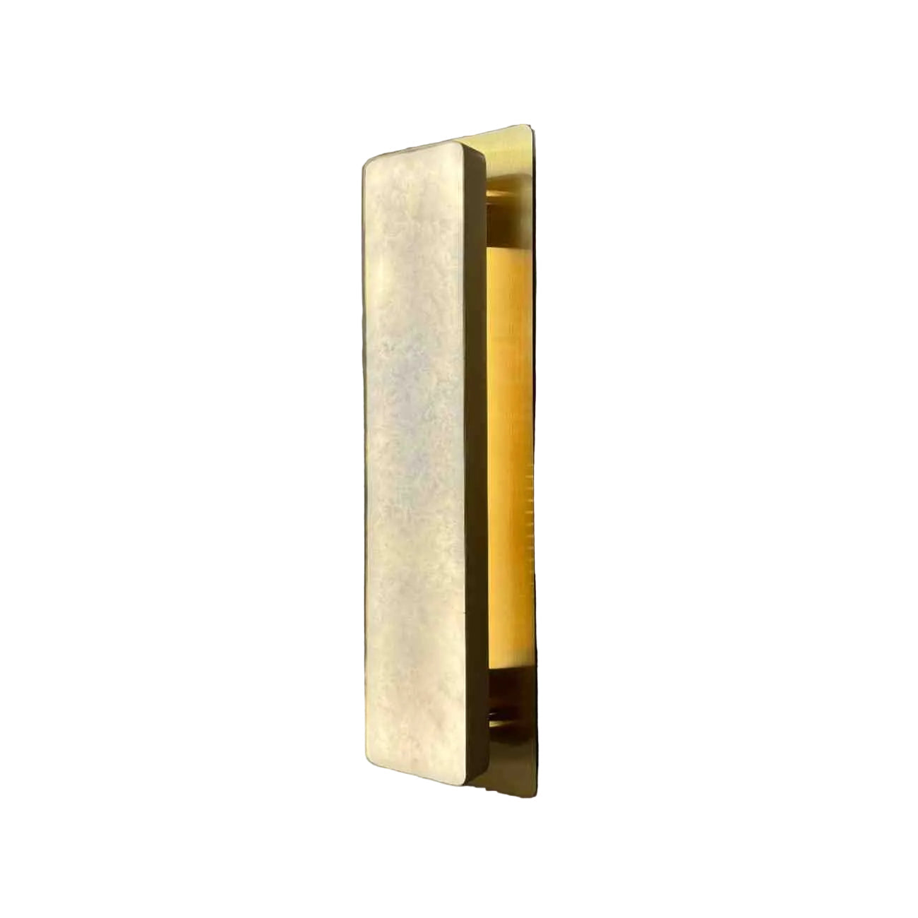 Salerno marble wall light featuring smooth vertical stone panel bordered by structured base in modern architectural design on white background