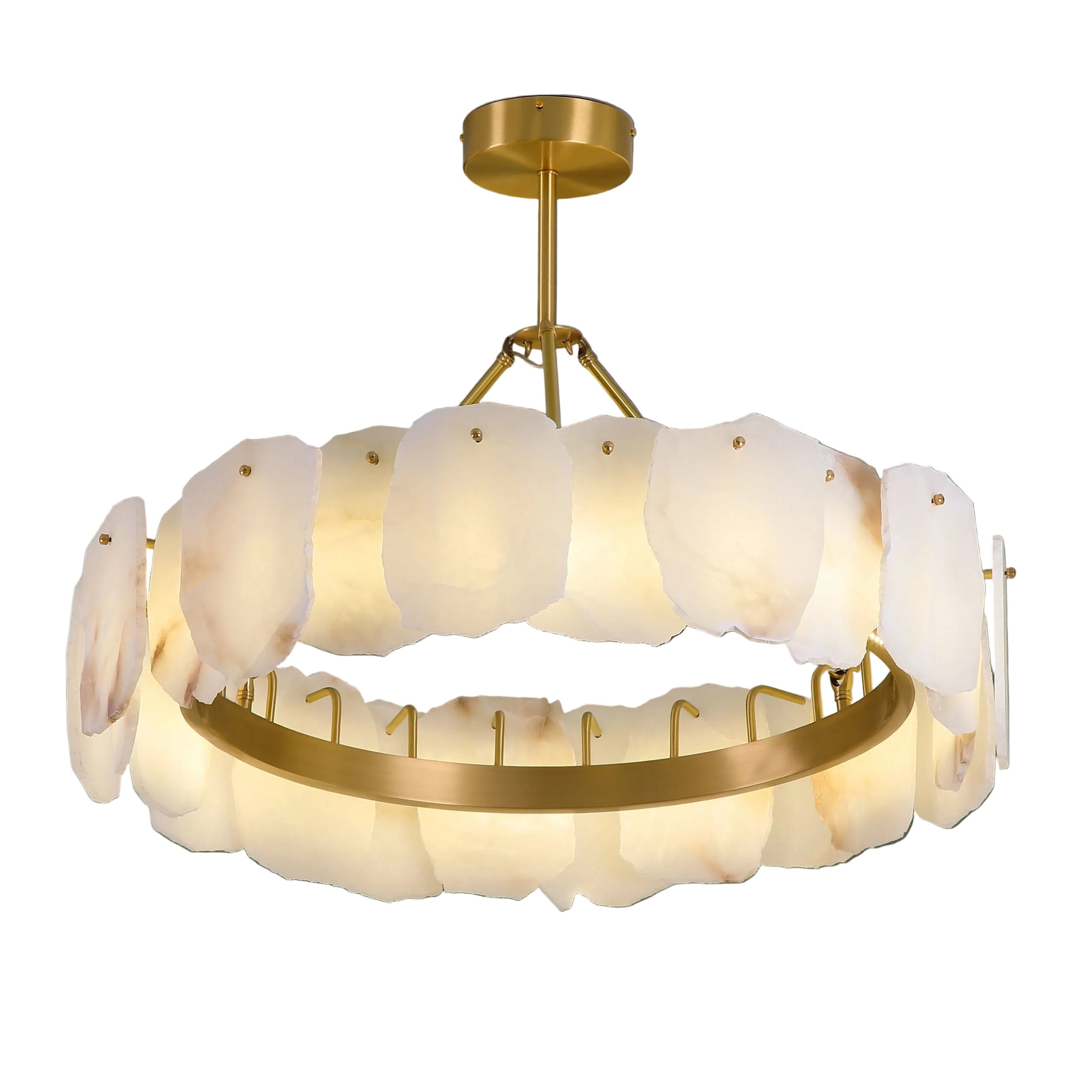 Silvio Marble Circular Chandelier II featuring hand carved natural marble panels arranged around structured circular frame on white background