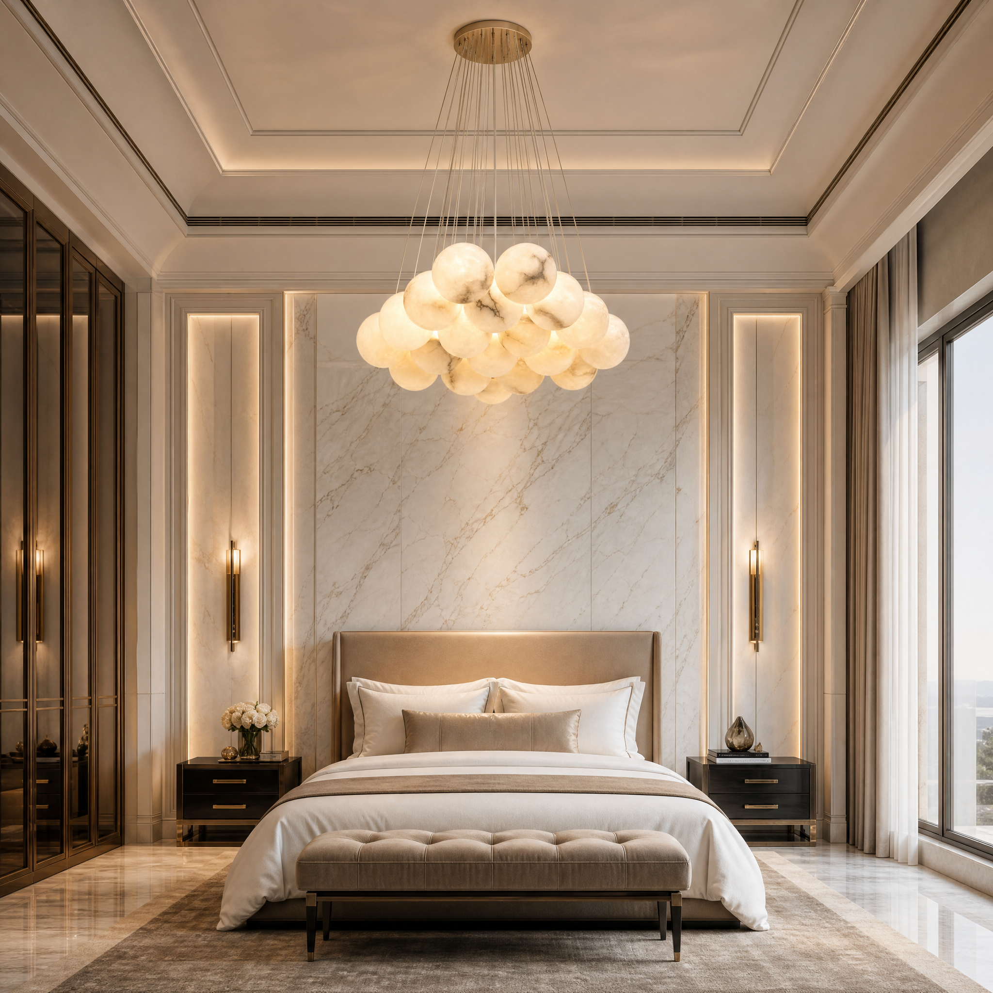 Soft ambient glow emitted by the nineteen alabaster balls on the Valcino fixture