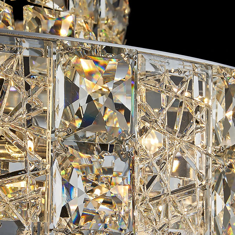 Close up of diamond cut square crystal structure on Stefano rectangular chandelier