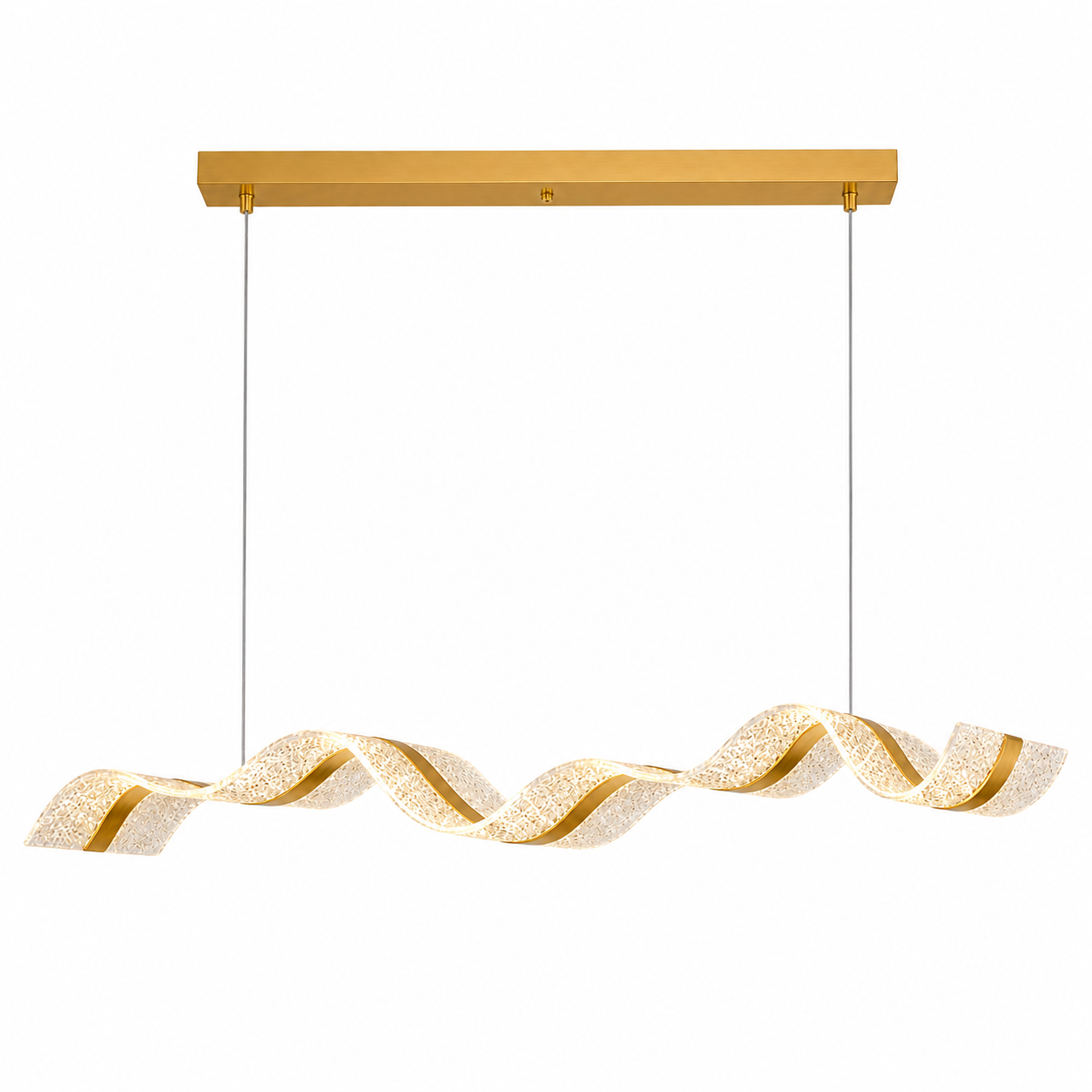 The VORELLI Capitano rectangular chandelier casting a warm, ambient glow in a contemporary open-concept kitchen.